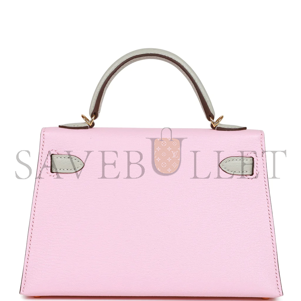 HERMÈS MINI KELLY II ROSE SAKURA AND GRIS PERLE CHEVRE GOLD HARDWARE (19*12*5.5cm)